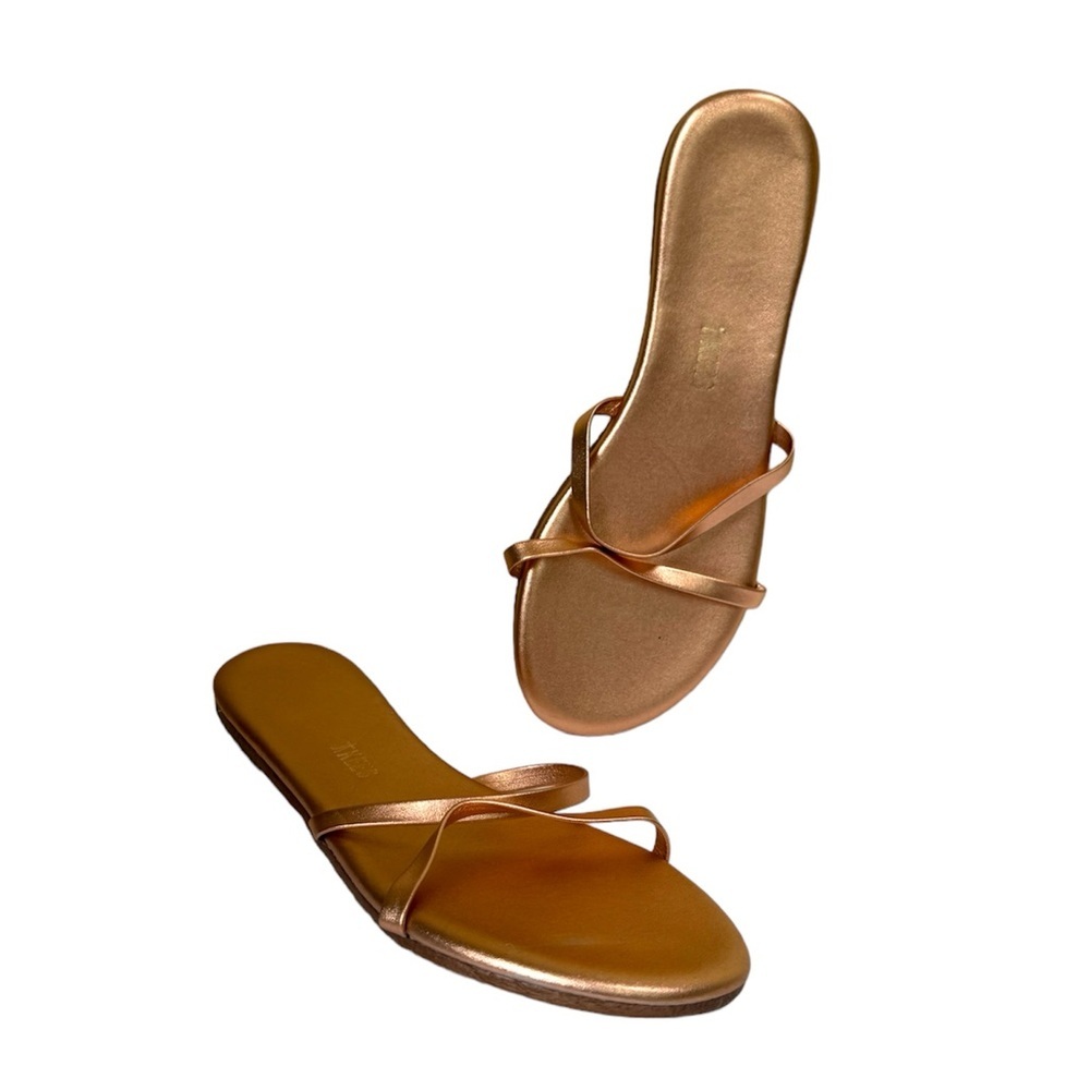 TKEES NEW Gemma Rose Gold Leather Sandals Metallic 2 Straps Flats